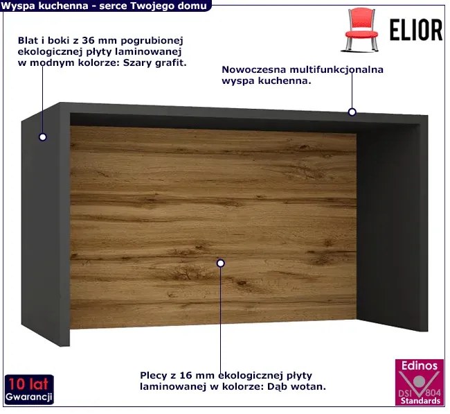Wyspa kuchenna szary grafit + dąb wotan Ampa