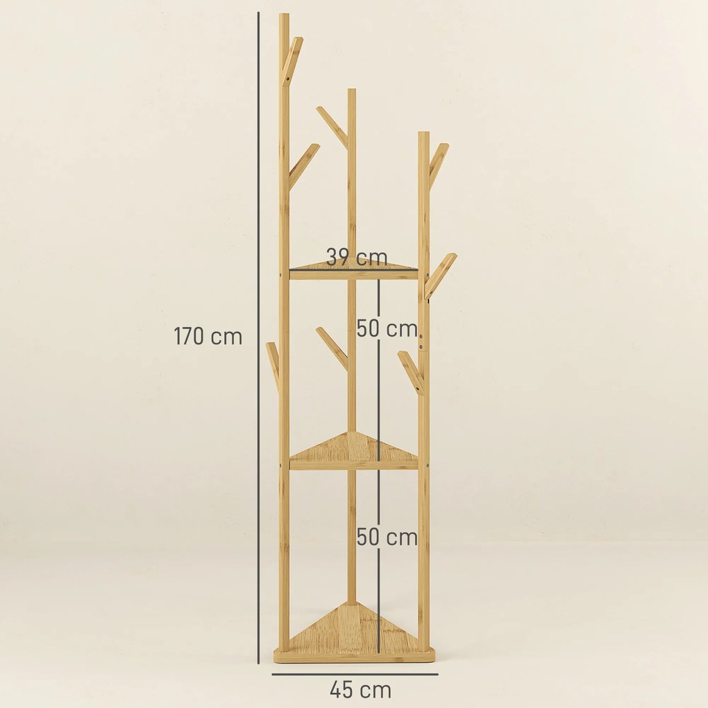 HOMCOM Wieszak na Ubrania z Bambusa, 8 Haków, 3 Półki, Naturalny