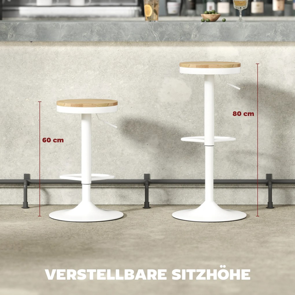 HOMCOM Stołki barowe 2 szt., regulowane, obrotowe 360° z ramą stalową i podnóżkiem 38,5x38,5x60-80 cm Drewno naturalne+Biały | Aosom PL