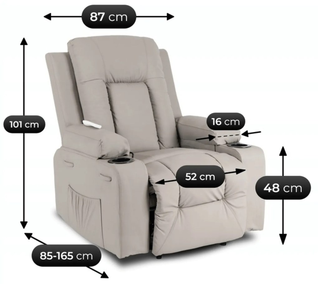 Fotel Masujący BOX Rozkładany Wypoczynkowy z Podnóżkiem Szary Ekoskóra Nowoczesny