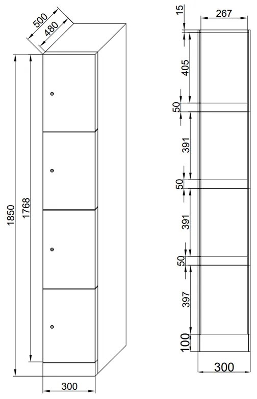 Szafka skrytkowa, 4 schowki, 1850 x 300 x 500 mm, demontaż, zamek RFID, drzwi beżowe
