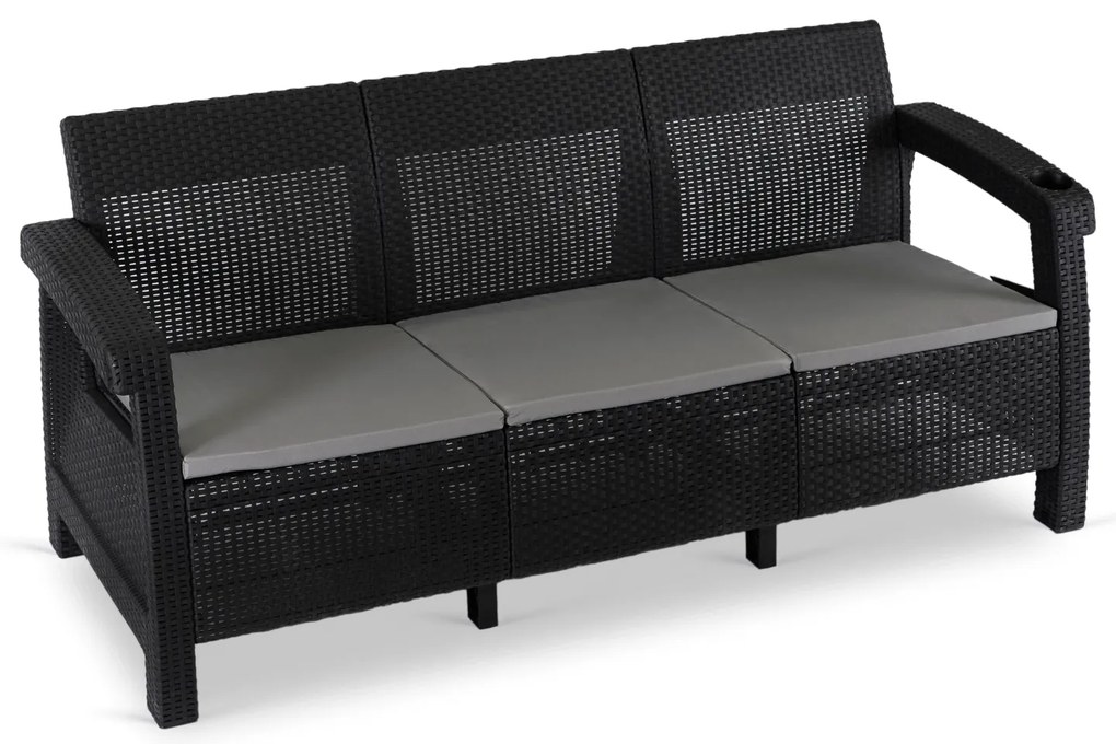 Sofa Ogrodowa FLINT Technorattan Czarna Trzyosobowa