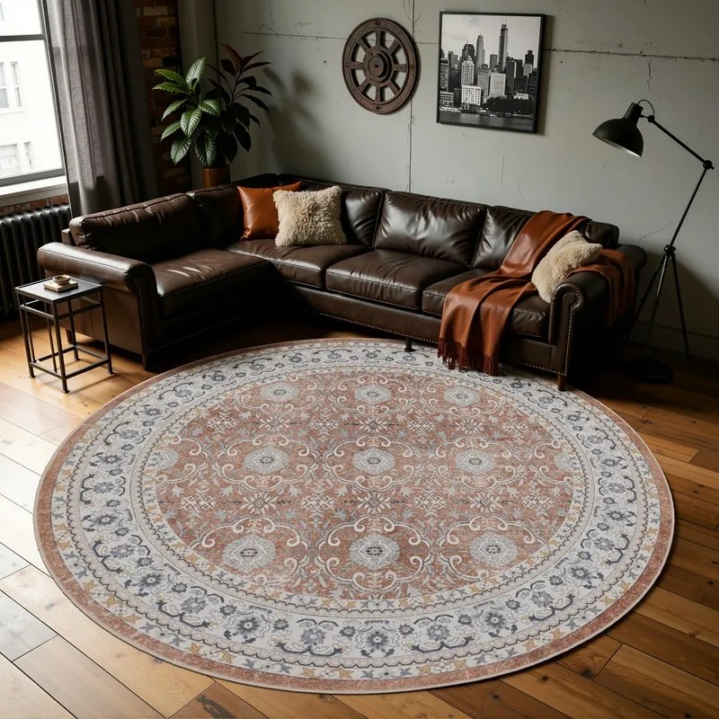 Dywan vintage INKA Ornament z Efektem Postarzenia Terakota koło 160 cm x 160 cm