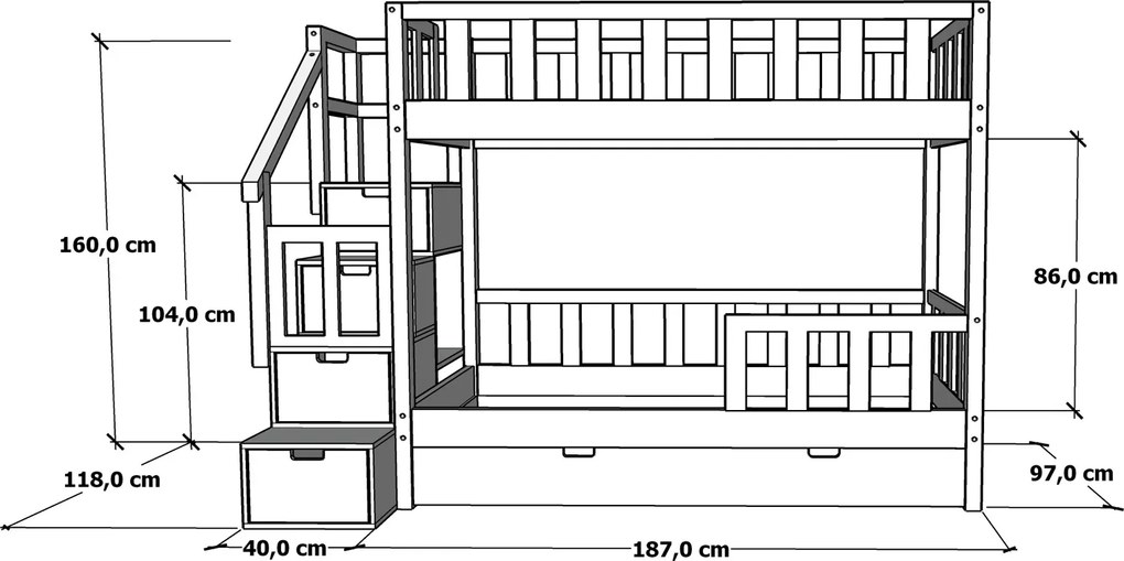 Łóżko piętrowe Marulla 111P ze schodami, barierkami i szufladkami