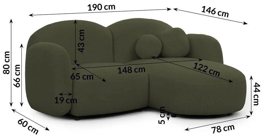 Zielony narożnik z materiału bouclé (prawostronny/z szezlongiem) Orbit – Ropez