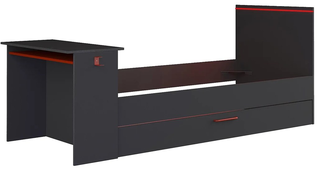 Łóżko wysuwane gamer 90 x 200 i 90 x 190 cm – z biurkiem – oświetlenie LED – kolor antracytowy i czerwony – VOUANI