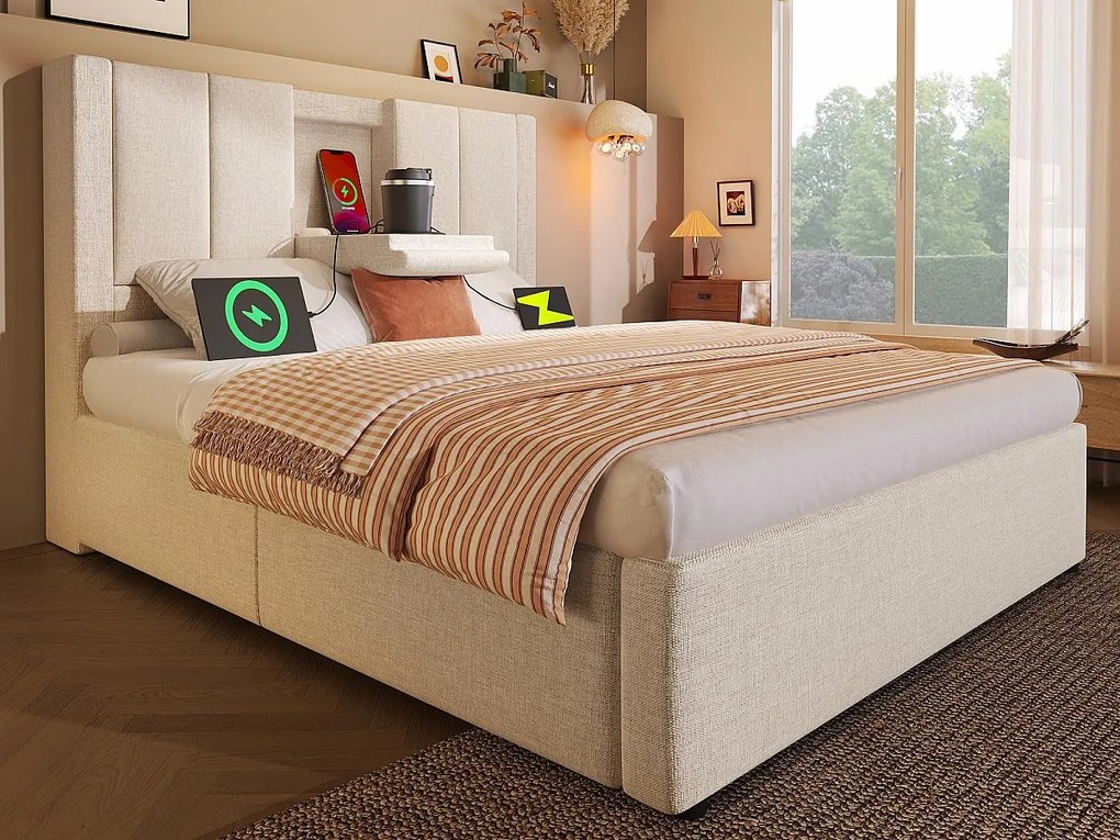 Tapicerowane łóżko z pojemnikiem 90x200cm - z ukrytym schowkiem na kubki - z portami USB i Type-C - z stelażem lamelowym - Len - Beżowy (bez materaca)