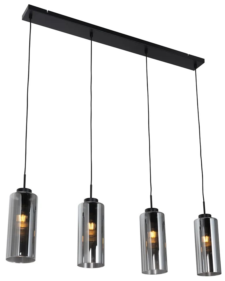 Lampa wisząca w stylu art deco czarna z przydymionym szkłem 4-punktowa - Laura ArtDeco Oswietlenie wewnetrzne