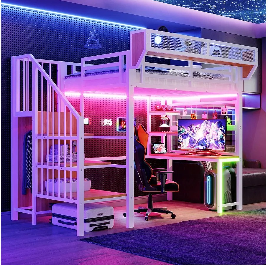 Łóżko piętrowe metalowe - 90 x 200 cm - z biurkiem + półką i siatką na rzeczy + drabinką + diodami LED + gniazdkiem elektrycznym - białe