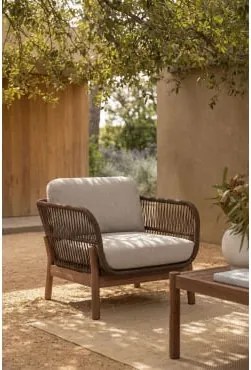 Fotel Ogrodowy Z Drewna Akacjowego I Plecionego Sznurka Karvia Akacja Brąz & Tkanina W Kolorze Orzecha Laskowego - Sklum
