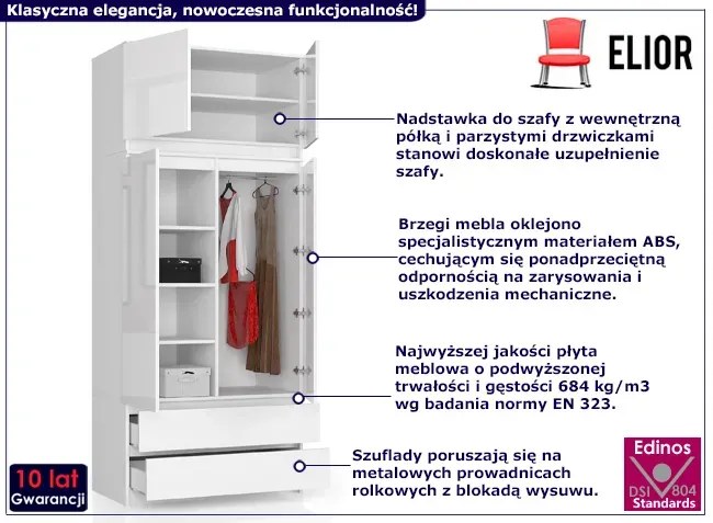 Biała nowoczesna szafa z nadstawką w połysku Fisan