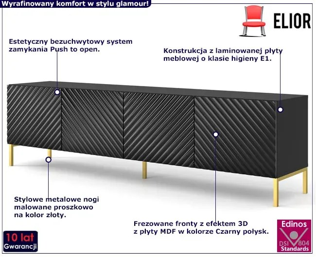 Szafka na TV stojąca czarny połysk + złote nóżki - Diva 7X