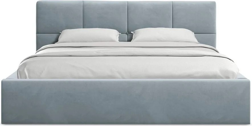 Jasnoniebieskie aksamitne tapicerowane łóżko dwuosobowe ze schowkiem ze stelażem 140x200 cm Hiko – Makamii