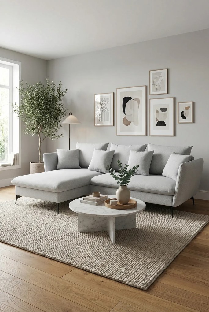 Jasnoszara kanapa narożna rozkładana z pojemnikiem K3-M49