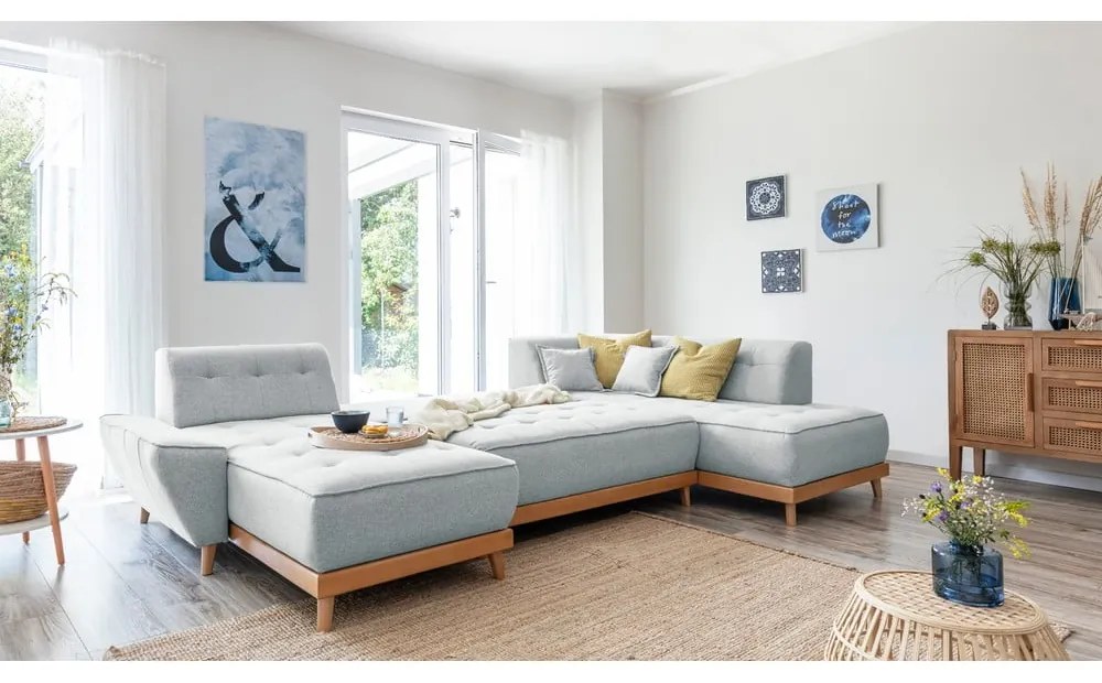 Jasnoszara rozkładana sofa w kształcie litery "U" Miuform Dazzling Daisy, prawostronna