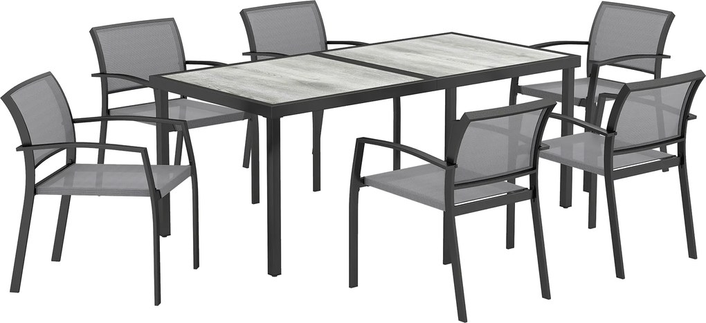 Outsunny 7-częściowy Zestaw Stołowy, 6 Krzeseł, 1 Stół, Składane, Łatwy w Czyszczeniu, Rama Stalowa, Meble Ogrodowe, Szary