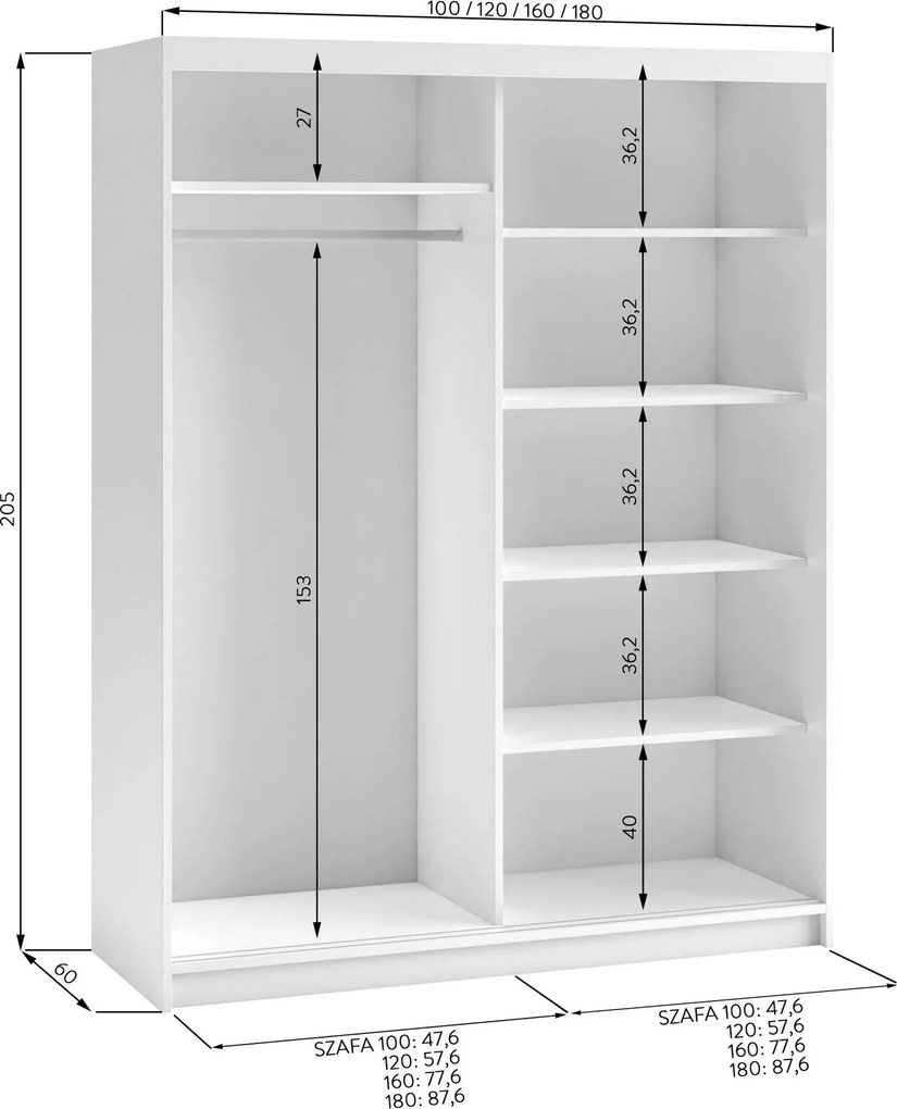 Szafa Przesuwna LISSIO 160 cm z Lustrem Szafa Dwudrzwiowa