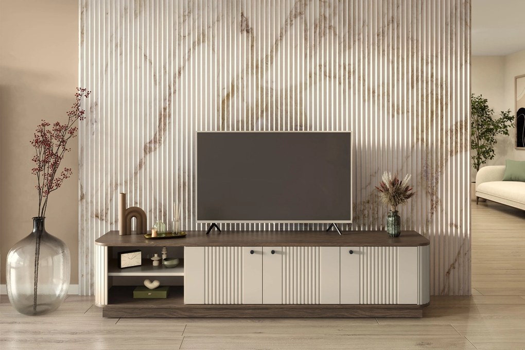 Szafka RTV Vesper 3D 187 cm na cokole - kaszmir / orzech / czarne uchwyty