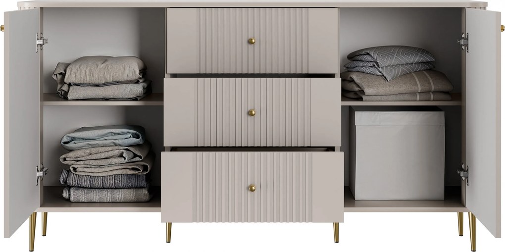 Komoda Vesper 160 cm z szufladami na nóżkach - kaszmir / złote nogi