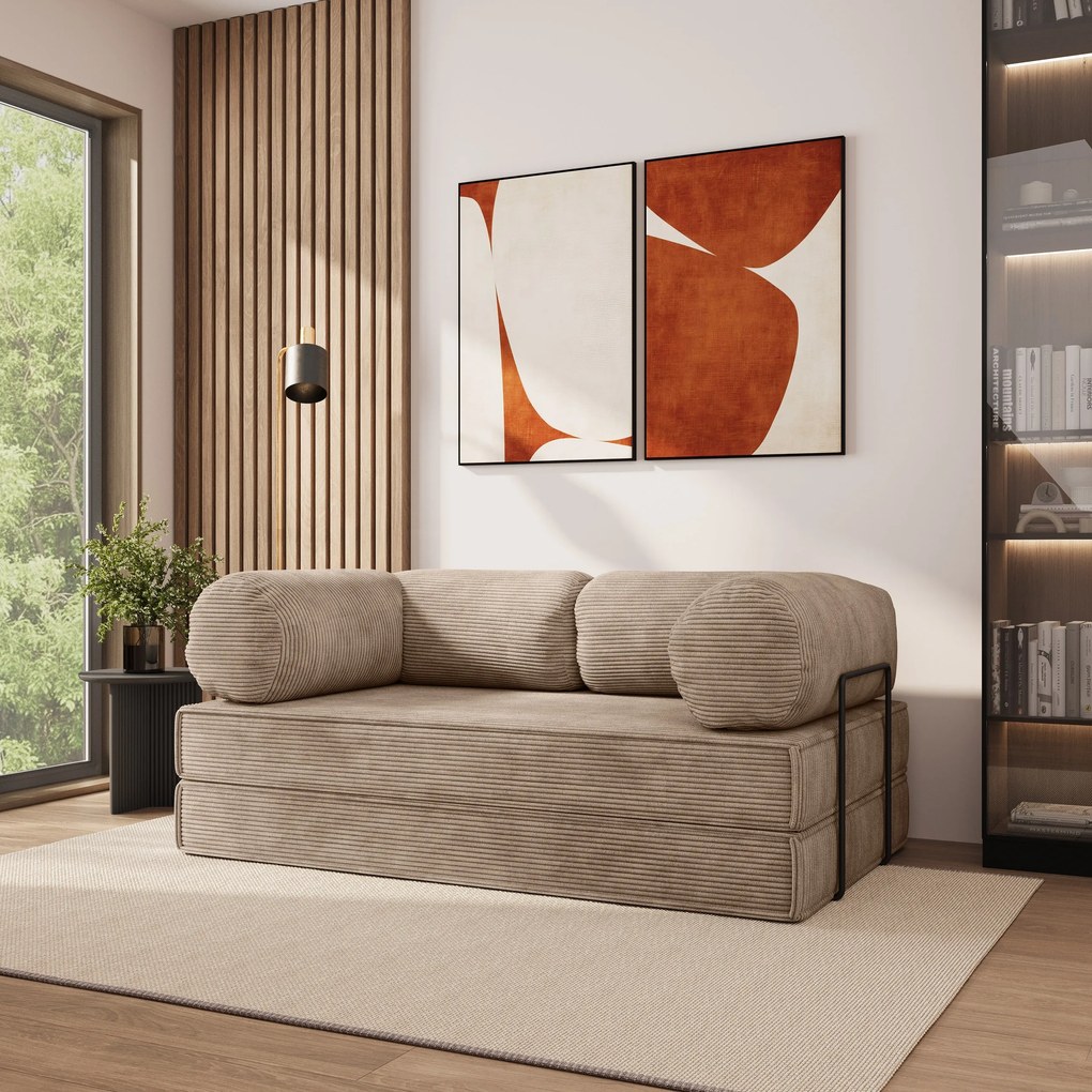 Masseno Sofa piankowa ALVIO z funkcją spania, Kanapa z pianki do salonu, Bezmontażowa, Tkanina sztruksowa – Beżowy POSO 02