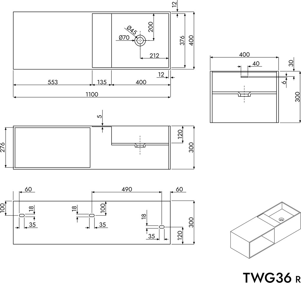 Umywalka ścienna TWG36 z odlewu mineralnego