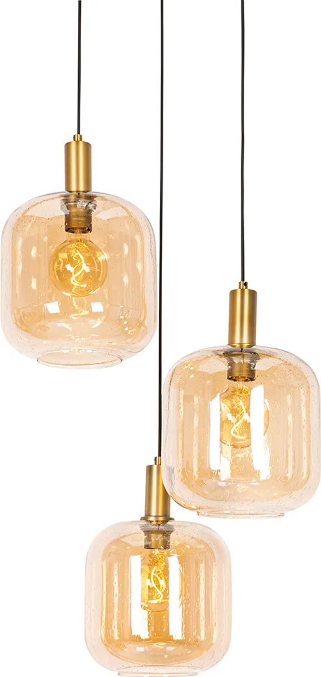 Designerska lampa wisząca czarna z mosiądzem i bursztynowym szkłem 3-światłowa - Zuzanna