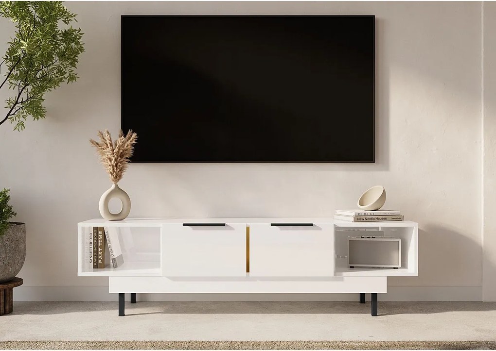 Elegancka biała komoda RTV Dancan ARTEMISA ze złotymi dodatkami / szer. 163 cm