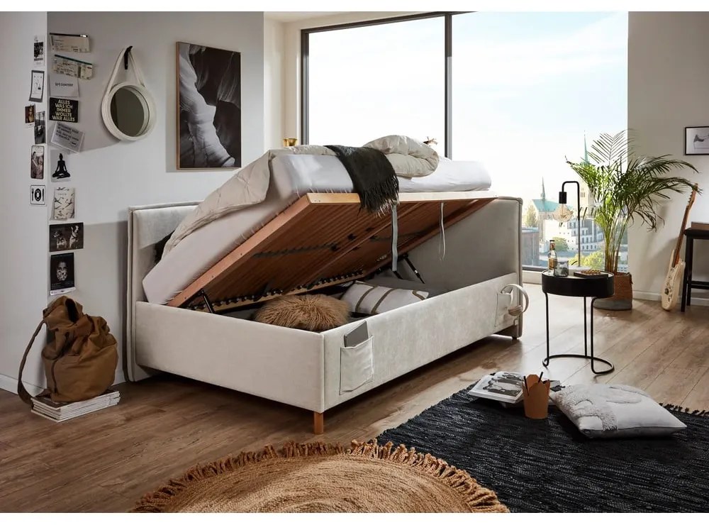 Beżowe tapicerowane narożne łóżko dziecięce ze schowkiem ze stelażem 90x200 cm Fun – Meise Möbel