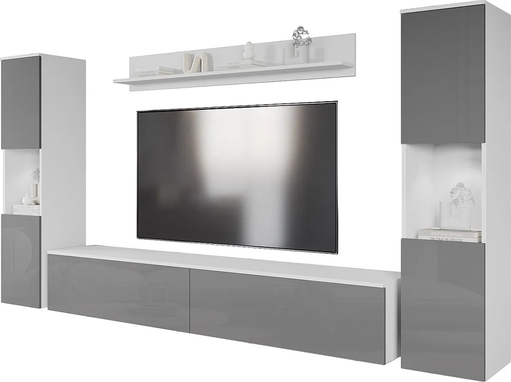 Nowoczesna meblościanka 4-elementowa do salonu z LED, 2 słupki, szafka RTV 180 cm i półka, korpus biały mat, fronty szary połysk