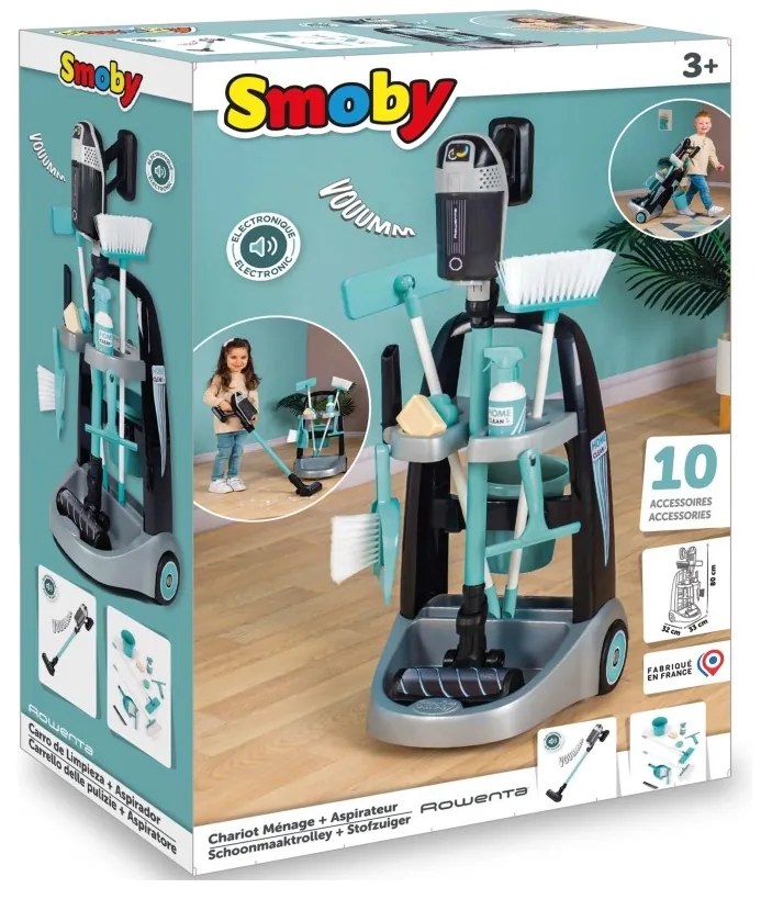 Smoby wózek do sprzątania z odkurzaczem rowenta z dźwiękiem + 10 akcesoriów