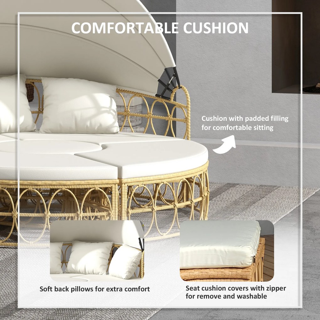 Outsunny Wyspa słoneczna, 4-elementowa, rozkładany daszek, 5 poduszek, imitacja rattanu, 178S x 85G x 66,5W cm, Beżowy