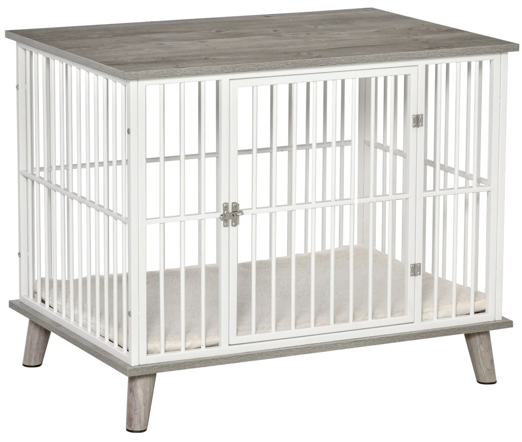 PawHut Drewniana klatka dla psa Biało-szara 86x60x70cm Elegancka i bezpieczna | Aosom PL