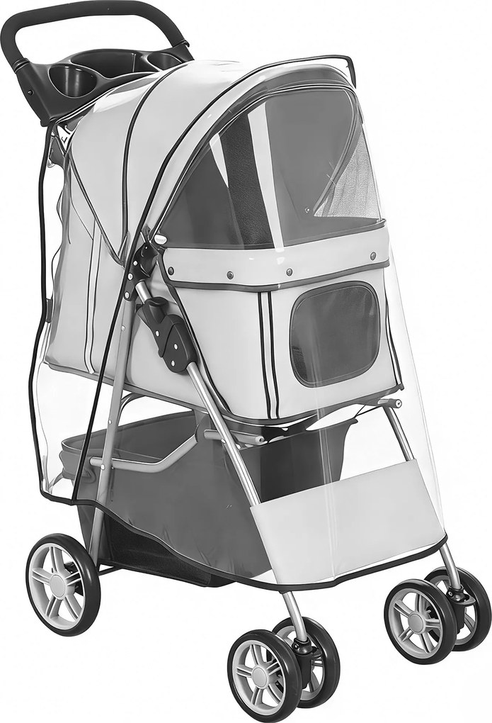 PawHut Wózek dla psa składany z odblaskami, koszem na akcesoria, 77x44x102 cm, kolor szary | Aosom PL