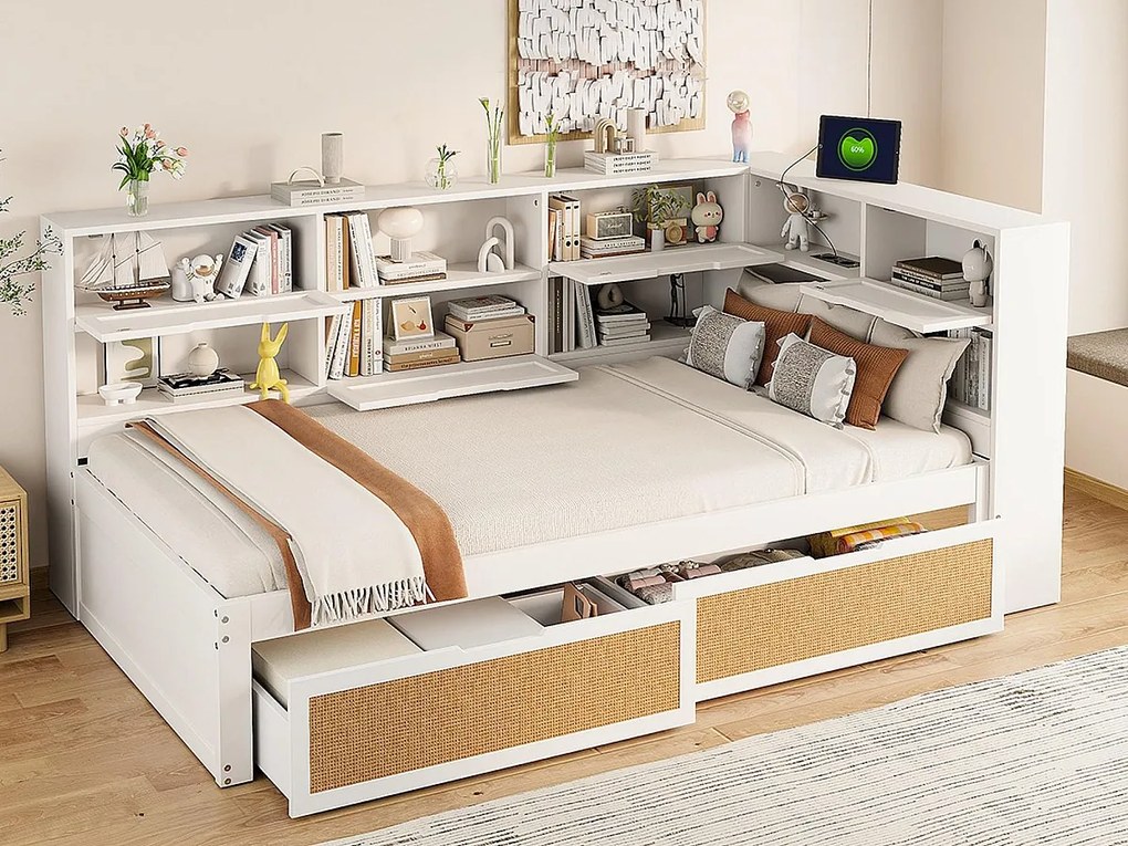 Rozkładana kanapa z litego drewna 90×200 cm - z 2 szufladami - liczne schowki - z portem ładowania - biały (bez materaca)