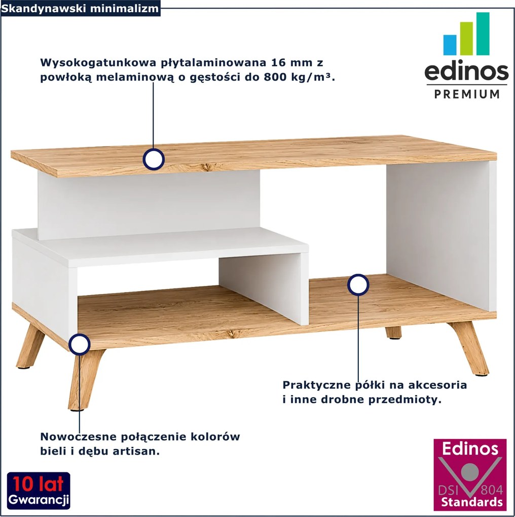 Prostokątny skandynawski stolik kawowy biały + dąb artisan P0-C11