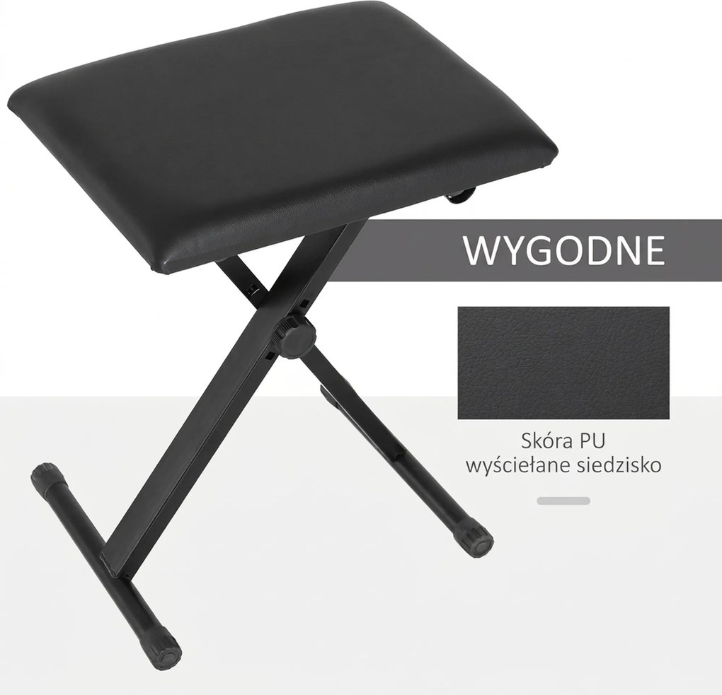 HOMCOM Stołek fortepianowy z regulacją wysokości Składany taboret do pianina Metal Sztuczna skóra Czarny 39 x 29 x 45–51 cm | Aosom PL