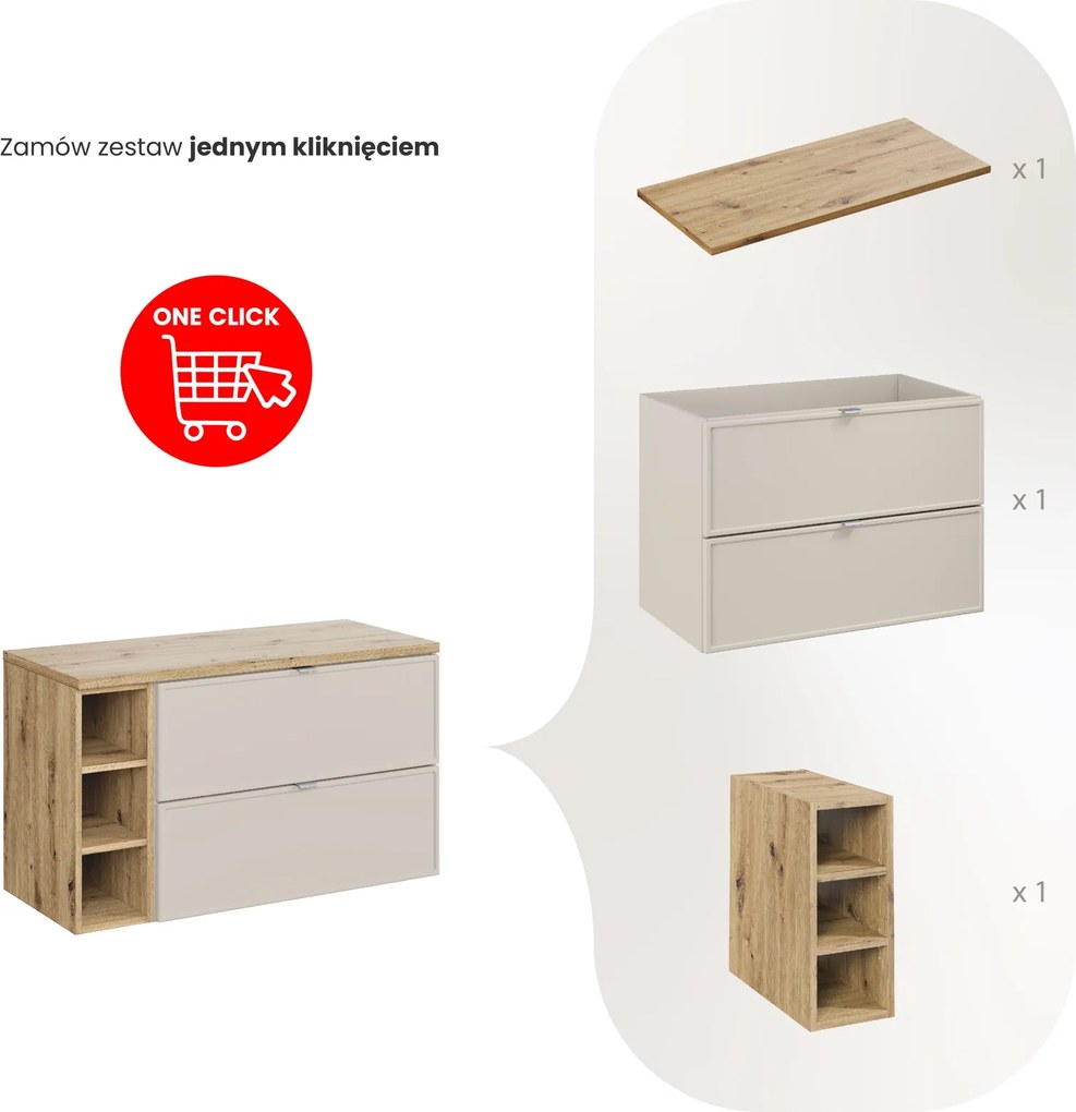 Wisząca szafka łazienkowa Bella 100 cm z blatem i regałem, kaszmir/dąb artisan