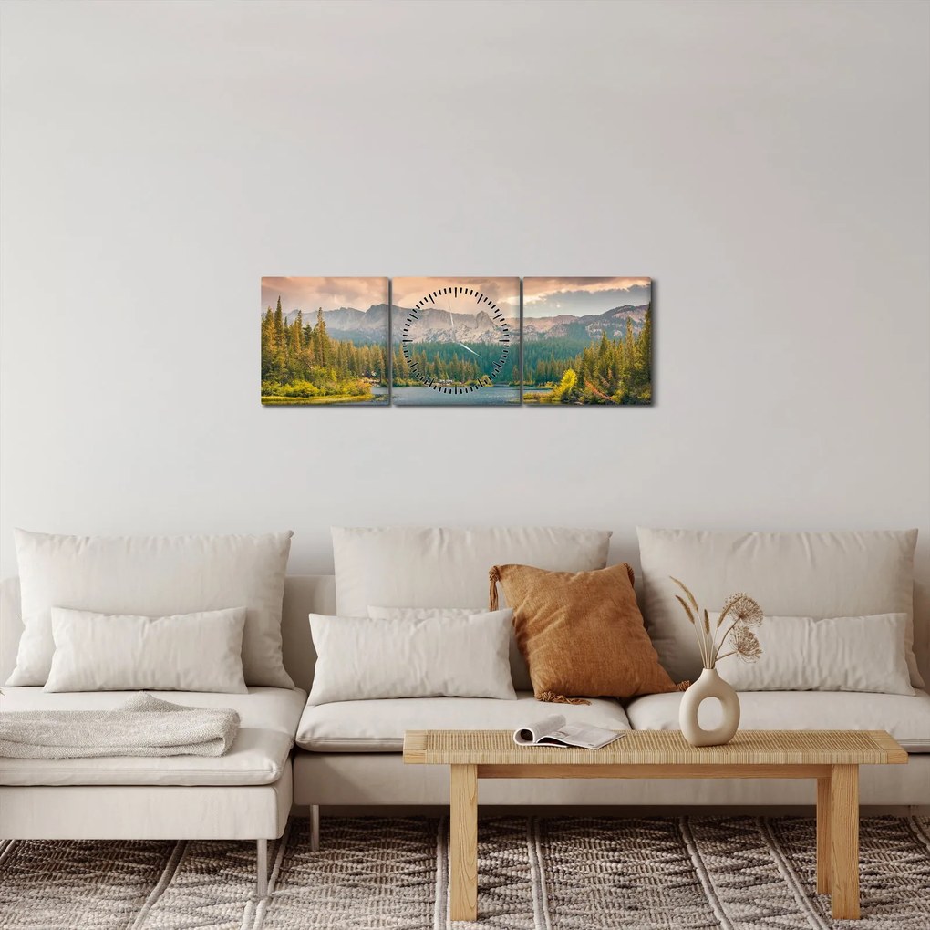 Obraz górskiej rzeki i gór (z zegarem) (90x30 cm)