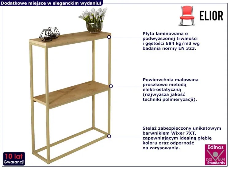 Wąska konsola z metalowym stelażem złoty + dąb lancelot S6-G87