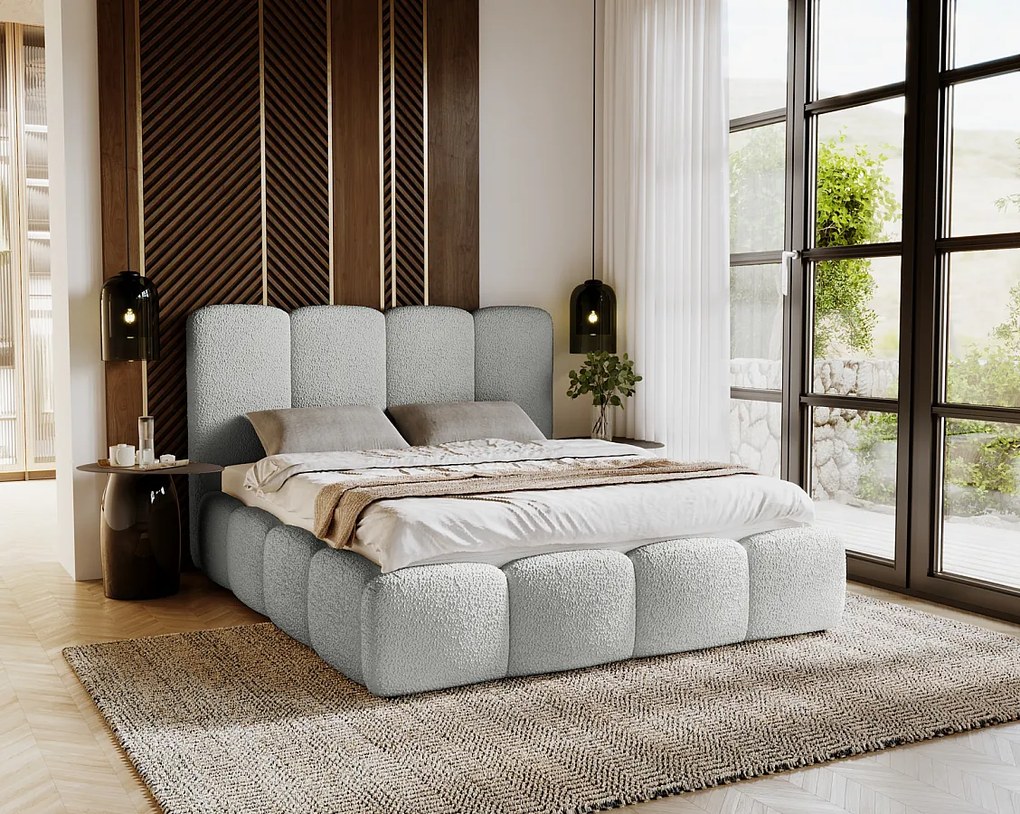 Emporius Merkad Boucle łóżko tapicerowane 160x200 - łóżko z pojemnikiem, gruba pianka, stelaż - elegancki design, tkanina boucle, jasny szary (Anthology 15)