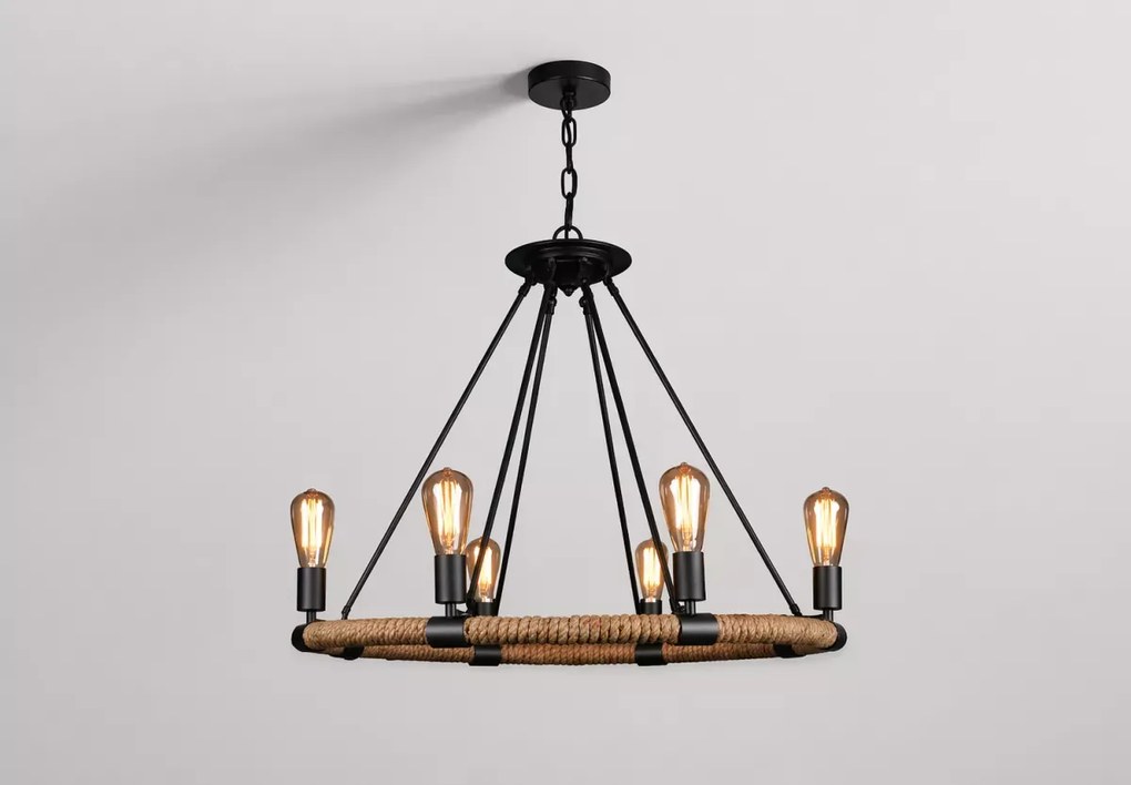 Lampa sufitowa ze stalowej obręczy oplecionej sznurem konopnym