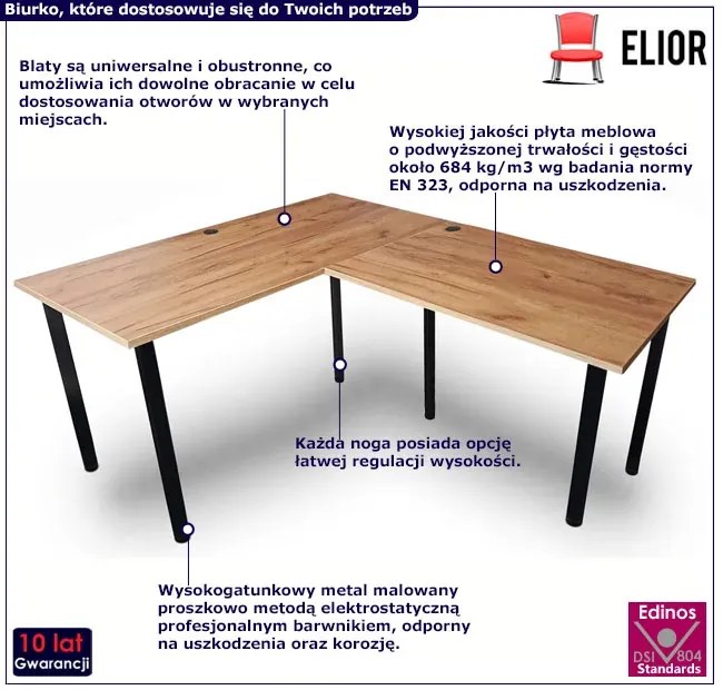 Loftowe biurko kątowe z regulacją wysokości nóżek 120x150x60 dąb craft złoty E0-B54