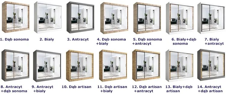 Szafa przesuwna z lustrem dąb artisan + antracyt 200 cm - Kukkin 6X