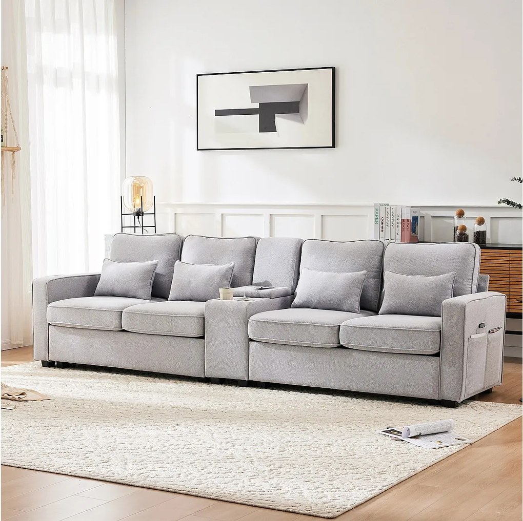 Sofa 4-osobowa - Sofa z 2 uchwytami na kubki i 2 ładowarkami USB - kieszeniami w podłokietnikach i 4 poduszkami - jasnoszary len