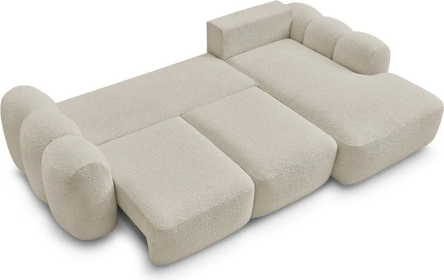 Beżowy rozkładany narożnik z materiału bouclé ze schowkiem (prawostronny/z szezlongiem) Montaigne – Bobochic Paris