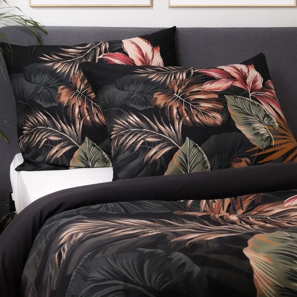 Komplet pościeli z mikrofibry FONCE czarna w liście 200x220 cm HOMLA