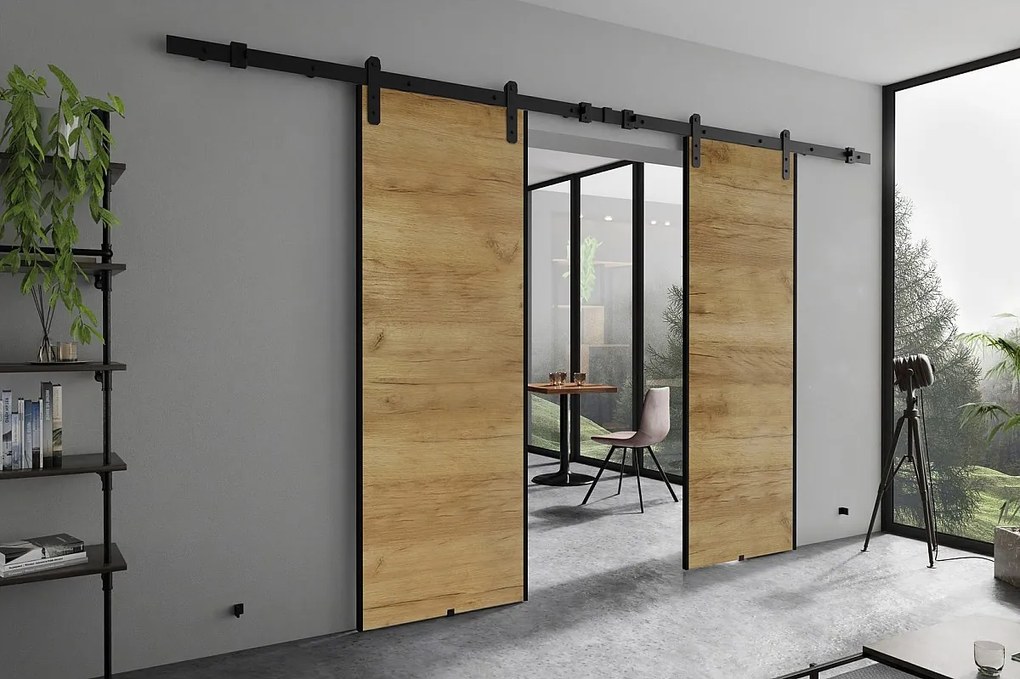 Emporius Drzwi przesuwne 150 cm Ares Duo - drzwi naścienne z systemem regulowanym oraz samodomykaczem - Dąb craft złoty