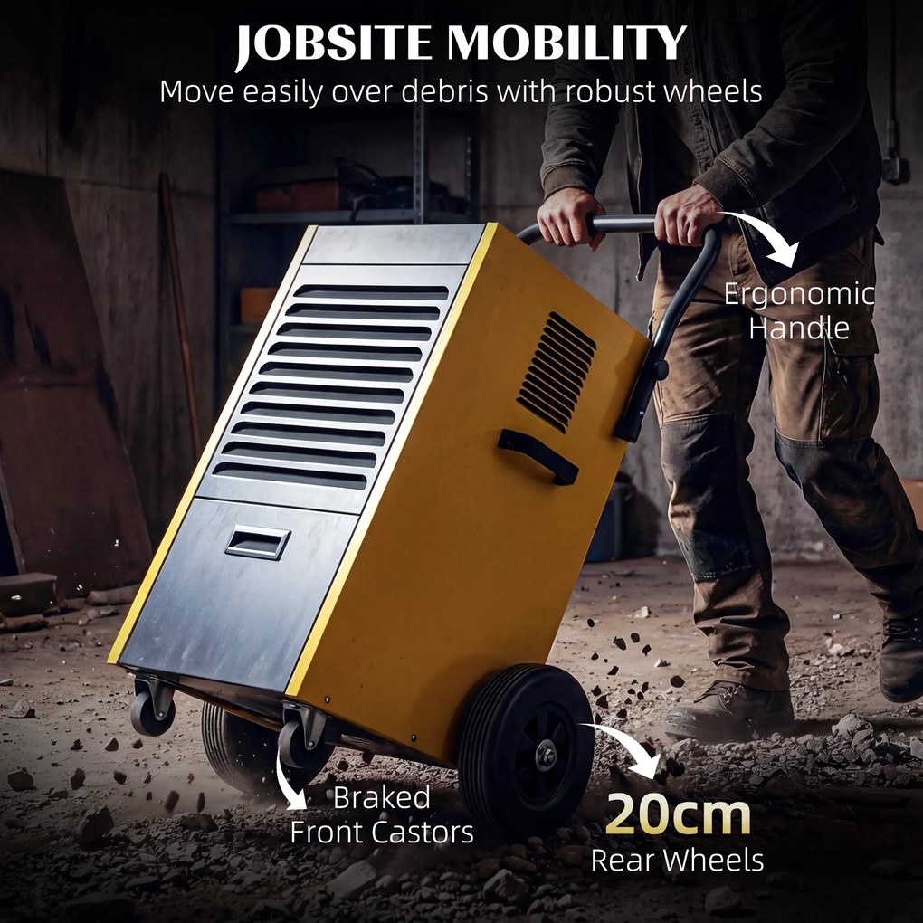 DURHAND Przemysłowy osuszacz powietrza 70L/dzień z kołami i uchwytem, wężem odpływowym, timerem 24-godzinnym, zbiornikiem 5,5L, żółty | Aosom PL