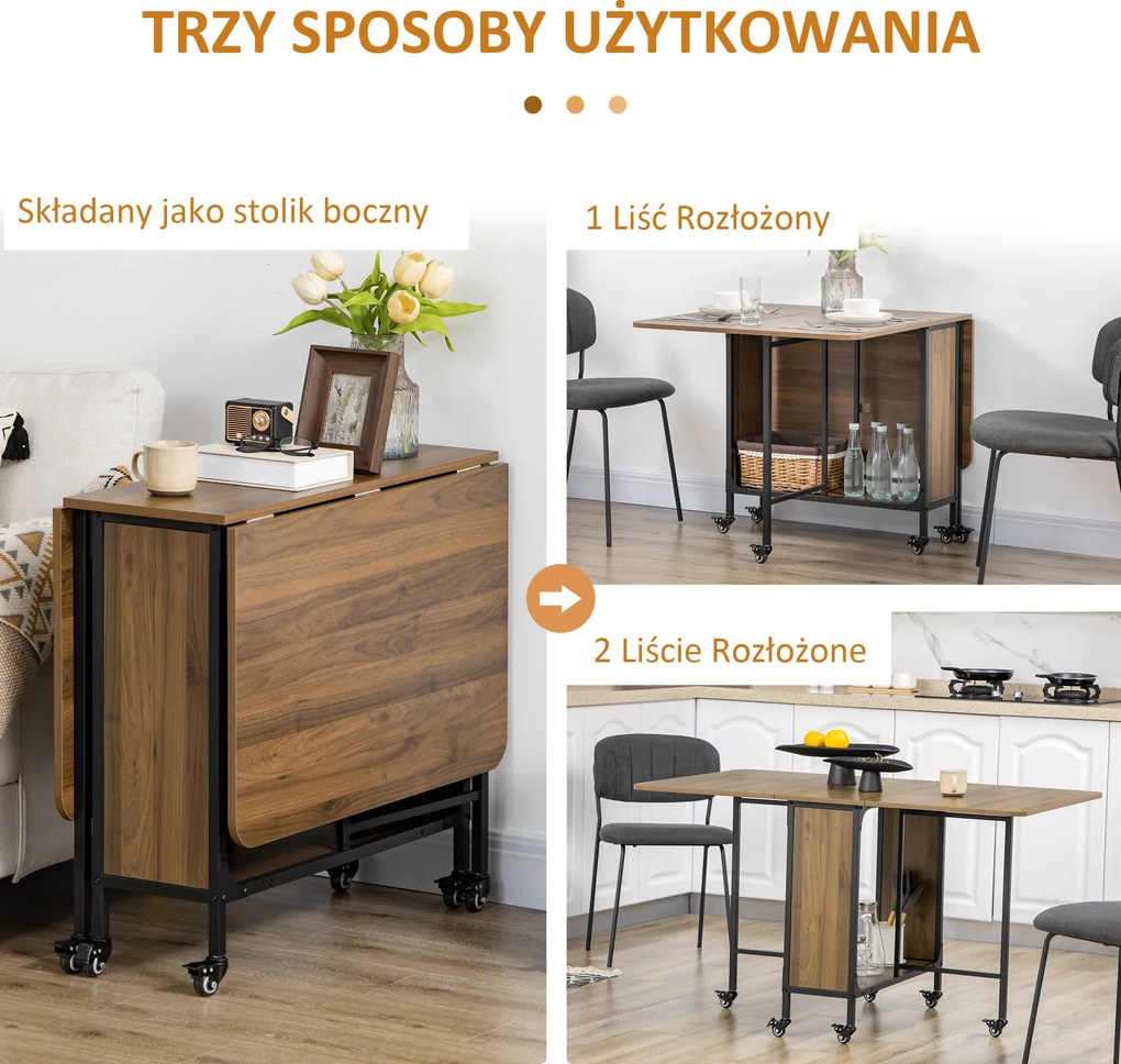HOMCOM Mobilny Składany Stół, 2 Rozkładane Powierzchnie, 130 cm x 80 cm x 74 cm, Brązowy