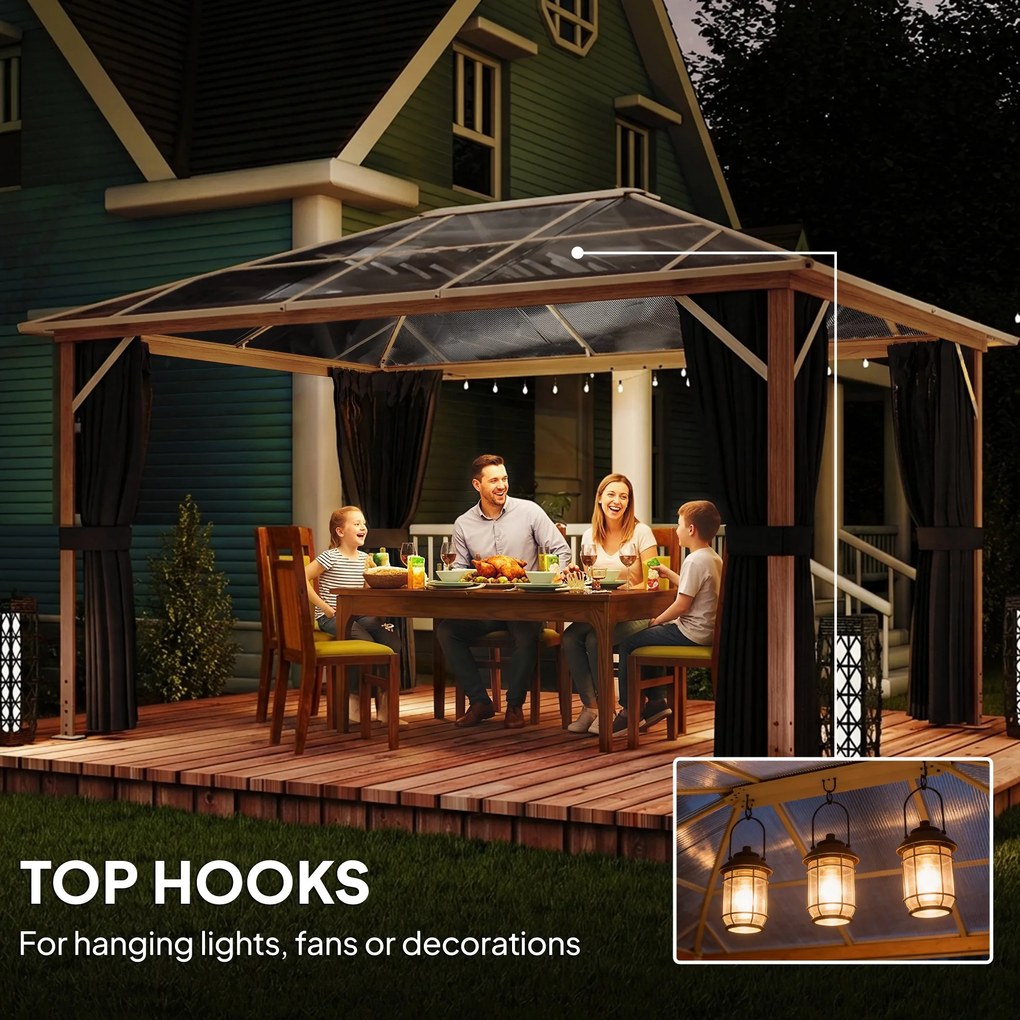 Outsunny Pawilon ogrodowy 4x3m aluminiowy z dachem z poliwęglanu 6 mm, moskitiera, 4 zasłony, imitacja drewna, naturalne drewno | Aosom PL